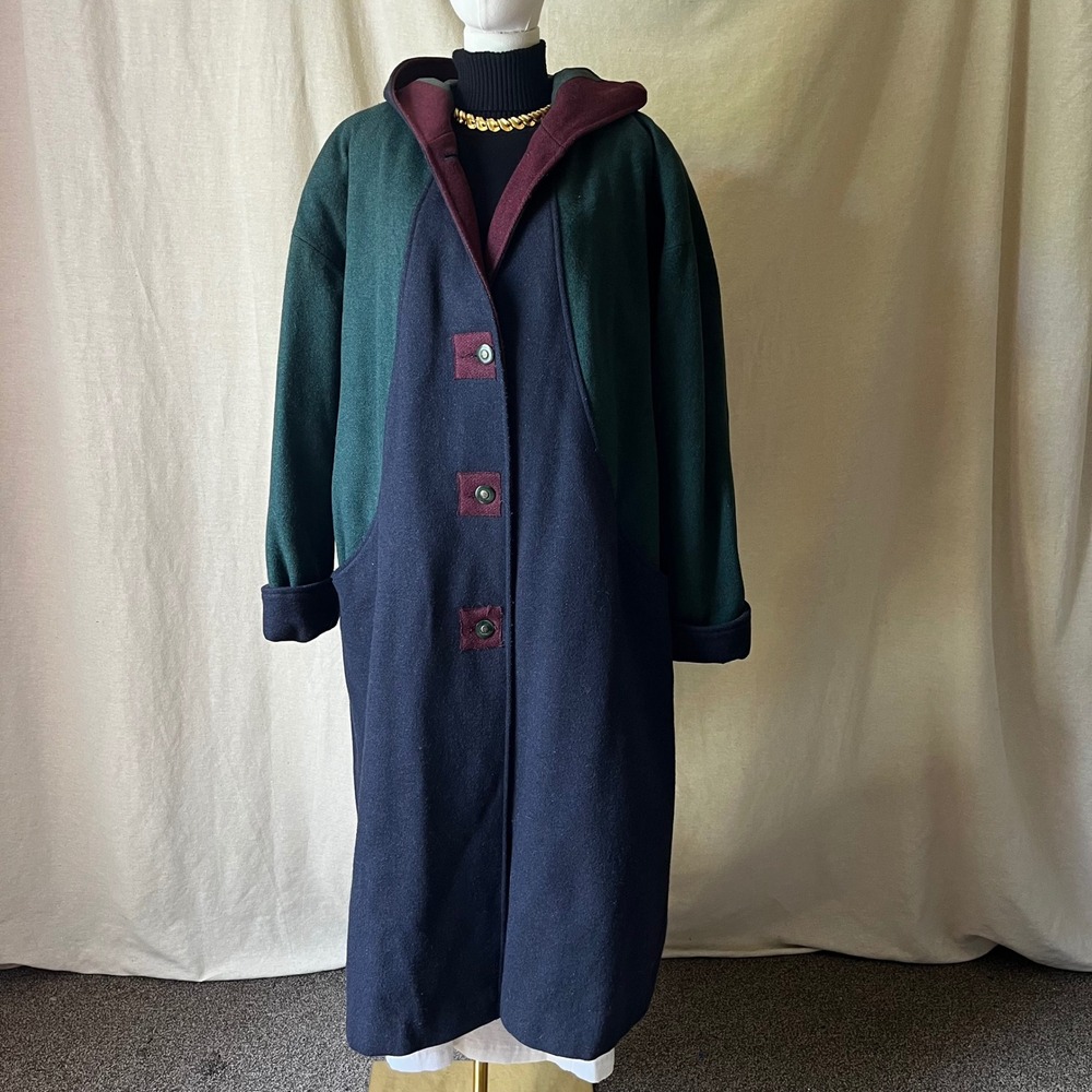 Braetan Color Block Hooded Wool Coat Womens 3X‎ 20W Green Navy Maxi Coat